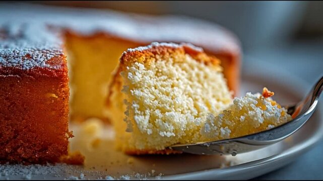 Delicious cake with powdered sugar spoon.