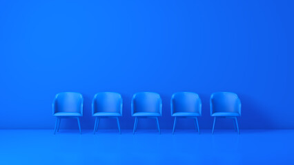 A vibrant monochrome scene featuring five identical modern blue chairs arranged in a straight row against a seamless bright blue background. Minimalistic, bold, and visually striking composition. © BonikArt