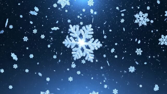 Large blue snowflake surrounded by smaller snowflakes on dark blue background
