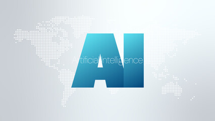 Artificial intelligence. AI neural network digital brain machine deep learning processing big data analysis technology. World map vector illustration. Gray gradient silver background