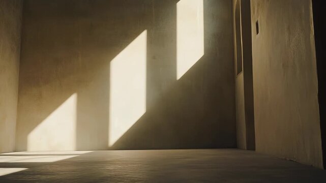 Warm sunbeams cast strong, geometric light and shadow patterns across the textured walls and concrete floor of a minimalist interior space, creating a serene and contemplative atmosphere