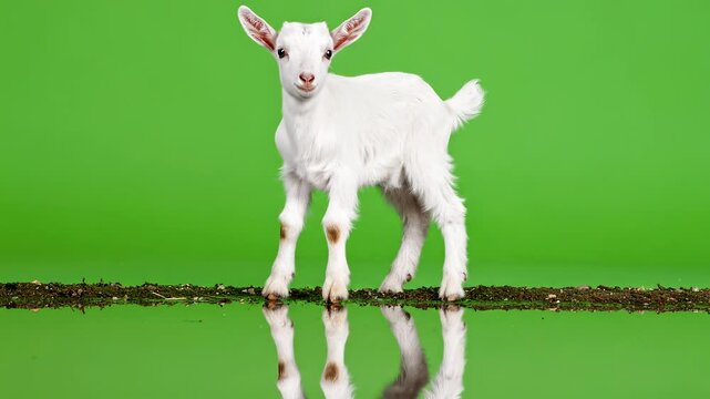 Adorable White Baby Goat Standing on Green Surface.