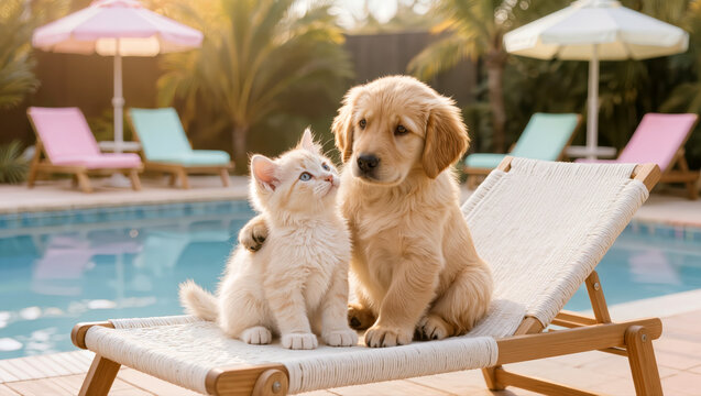Adorable puppy and kitten sitting together on sun lounger near swimming pool under parasols. Cute friendship moment during summer.