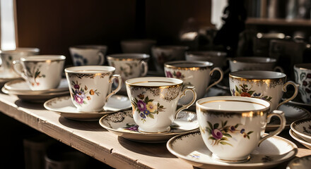 Fototapeta premium High-Angle View of Antique Porcelain Teacups and Saucers — Vintage Collection Concept