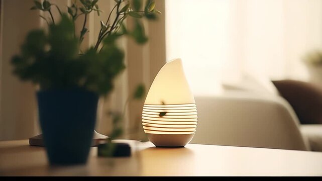 Essential oil diffuser emitting soft light and mist, enhancing a sense of calm and well being in a minimalist living room setting with blurred background elements