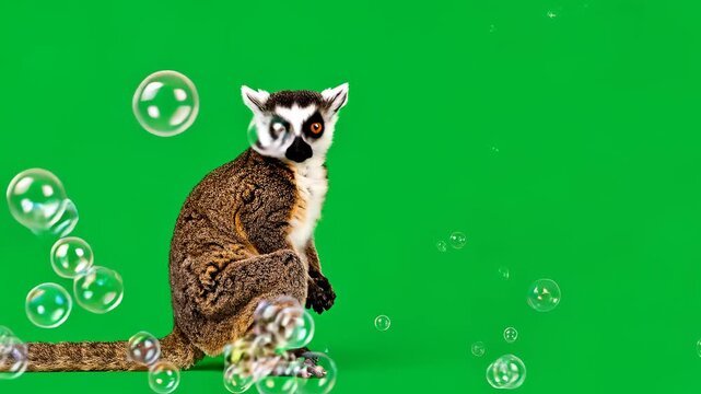 Ring-tailed lemur surrounded by bubbles on a vibrant green background.