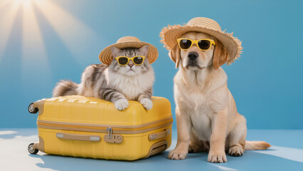 Obraz premium Funny cat and dog in straw hats and sunglasses with yellow suitcase on blue background. Summer vacation travel concept with pets.