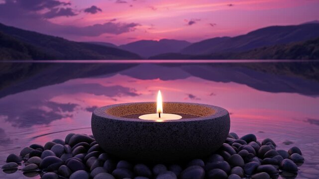 Burning candle in stone bowl creates peaceful ambiance with purple pink sunset sky reflecting on calm water surface surrounded by smooth pebbles for meditation