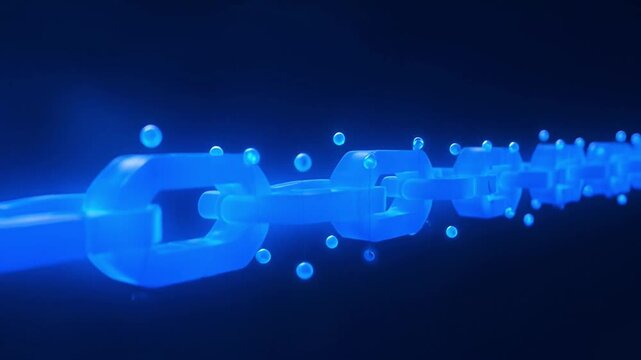 Abstract blockchain technology dynamic motion background with glowing blue chain links connecting and breaking digital data flow