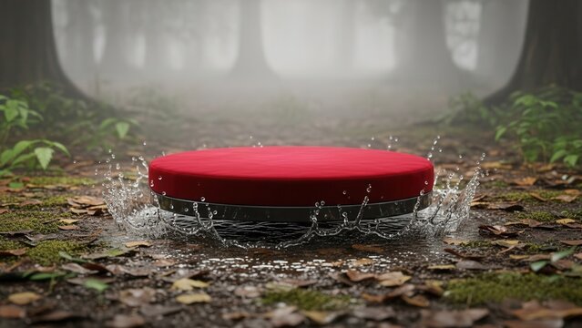 Red wireless speaker sitting in a forest puddle