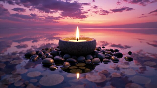 Burning candle in stone bowl creates peaceful ambiance with purple pink sunset sky reflecting on calm water surface surrounded by smooth pebbles for meditation