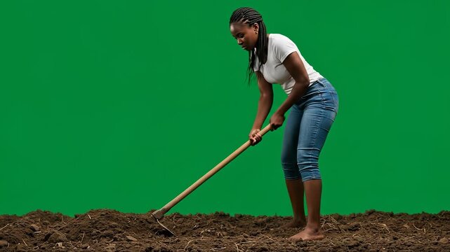 Woman working in the field with a hoe on a green background.