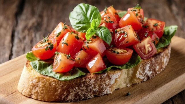 Fresh bruschetta topped with diced tomatoes, basil and herbs on toasted bread slices served on wooden board for appetizer menu and Italian cuisine