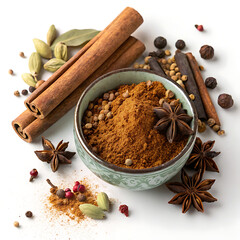 Spice blend with cinnamon sticks and star anise on white background