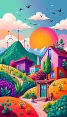 Vibrant Modern Lifestyle with Green Energy Symbols