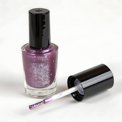 Purple glitter nail polish bottle with black cap and applicator