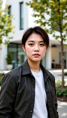 Confident Young Professional Outdoors with Eco Architecture