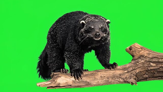 Amazing Binturong on a Log with Green Background.