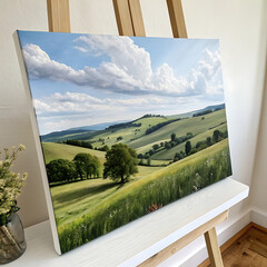 Serene landscape painting of rolling hills and cloudy sky