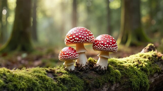 Red spotted mushrooms growing on moss-covered log in sunlit forest with natural bokeh background