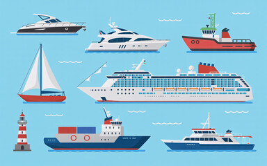 Fototapeta premium Collection of diverse marine vessels including luxury yachts, cargo ship, sailboat, cruise liner, tugboat, and lighthouse on blue water background.