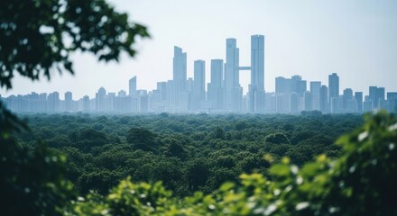Obraz premium Cityscape behind a lush green forest viewed through leaves