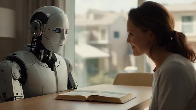Woman and humanoid robot sitting at table reading an open book by window