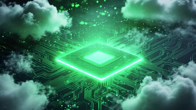 AI infrastructure data centers sustainability. Cloud computing. Green IT. Future computing. A glowing green circuit board surrounded by cloud-like effects