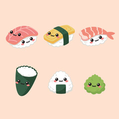 Fototapeta premium Cute Kawaii Sushi Character Set with Nigiri Onigiri Temaki and Wasabi Vector Illustration Isolated on Plain Background for Menu Design