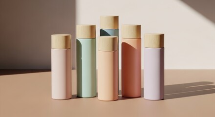 Cylindrical pastel bottles, wooden lids, sunlight, simple, clean aesthetic