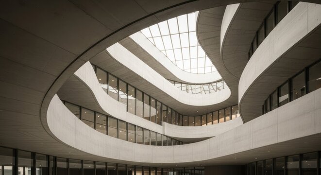 Curvilinear atrium with skylight, layered levels, and windowed facade