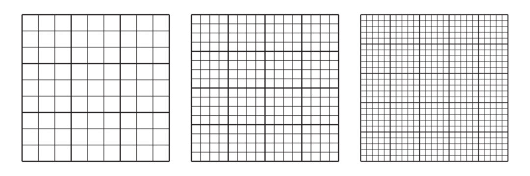 Set of three empty square puzzle grids 3x3, 4x4, 5x5 for logic brain games like sudoku. Line graph. Cell table vector template.