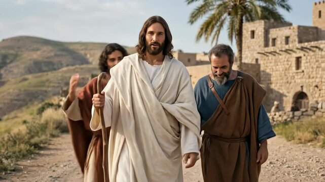 Three ancient men in biblical robes walking along a dusty path, concept of teaching and discipleship from the gospels