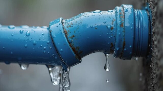 Closeup view of leaked and splash water from the plastic pipe during the rainy day 
