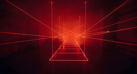 Fototapeta premium A dense web of red laser beams barricades a dark corridor, serving as a visual metaphor for high-stakes security systems, digital entrapment, and the tension of an impossible heist 
