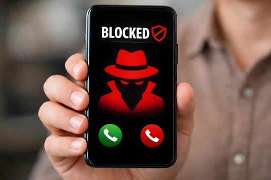 Phone screen showing scam call blocked with hacker icon and security shield. Concept of mobile protection, cybercrime prevention, caller ID alert system, and digital safety awareness.