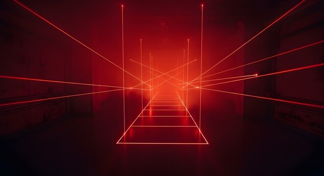 A dense web of red laser beams barricades a dark corridor, serving as a visual metaphor for high-stakes security systems, digital entrapment, and the tension of an impossible heist
