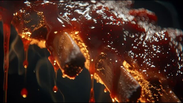 Glazed ribs with barbecue sauce dripping.