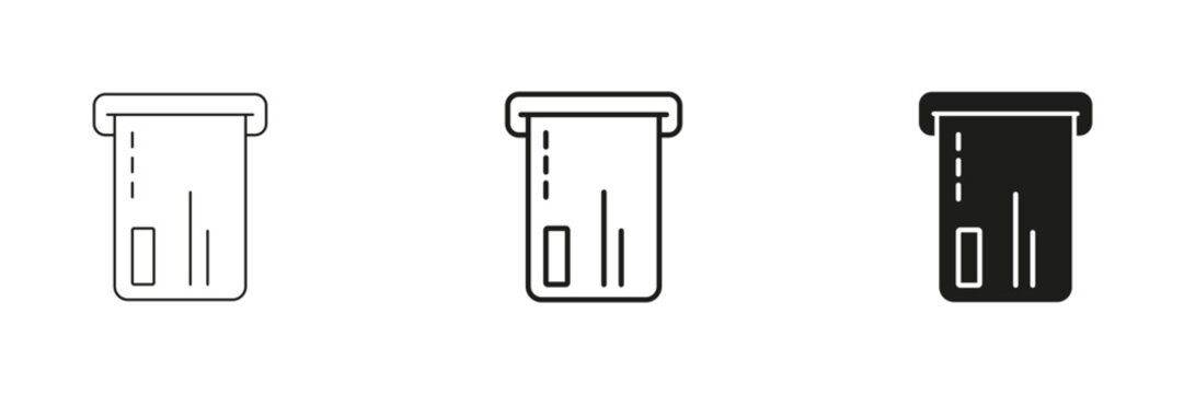 Credit Card In Atm Slot Line And Solid Icon Set. Financial Transaction, Banking, And Payment Processing Outline And Silhouette Symbol. Secure Money Withdrawal. Isolated Vector Illustration