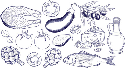 Blue Line Art Vector Illustration Set of Mediterranean Kitchen Ingredients Featuring Salmon Steak Fresh Fish Tomatoes Eggplant Artichokes Olives Cheese and Olive Oil for Culinary Design