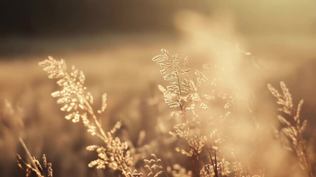 Setting or rising sun casting warm, soft light on the delicate dry grass and cereal crops, creating a peaceful and serene atmosphere with an ethereal glow in nature
