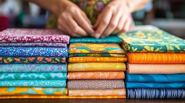 Close-up of hands organizing a neat stack of colorful patterned textiles and floral fabrics. The bright, folded materials are arranged by color on a wooden workspace.