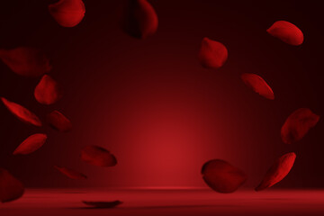 Fototapeta na wymiar Valentine's day background with rose petals falling in red studio scene. Valentine flower backdrop for beauty, fashion, cosmetic, perfume product display podium. Luxury and elegant brand showroom.