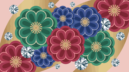 Fototapeta premium Vibrant floral pattern with colorful flowers and sparkling diamonds