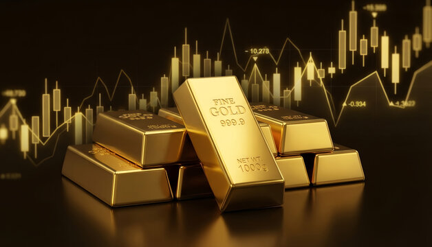 Golden bars on a dark background with gold market trend chart. Concept of financial investment, wealth, and stock market analysis, banking services and economics..