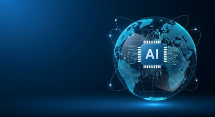 Obraz premium Artificial intelligence global network concept with glowing circuit board on Earth.