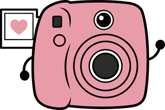 Cute pink instant camera character waving, kawaii polaroid camera mascot with heart photo film, flat vector illustration isolated on white.