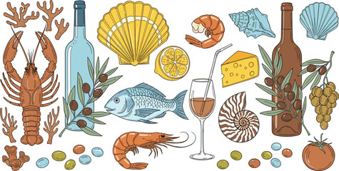 Fototapeta premium Hand Drawn Vector Illustration Set of Mediterranean Seafood and Gourmet Lifestyle Featuring Lobster Shrimp Fish Scallops Wine Bottles Olives Cheese and Coastal Dining Elements