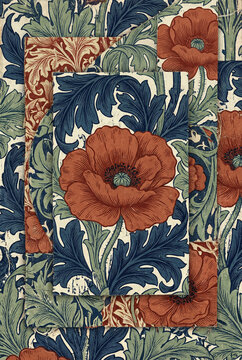 Raster illustration of a vintage floral pattern with a red poppy. ornate background design.