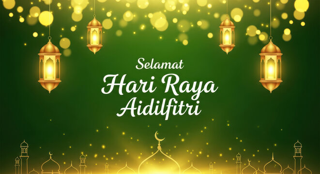 Selamat Hari Raya Aidilfitri Islamic Green Background with Golden Lanterns and Bokeh